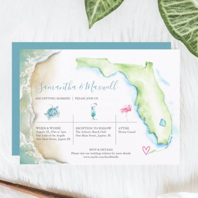 Invitation Mariage de plage tropical avec aquarelle illustrée (Florida wedding invitations features watercolor coastal art by Victoria Grigaliunas)