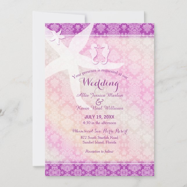 Invitation Mariage de plage tropicale violet à cheval (Devant)