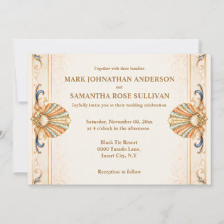 Invitation Mariage de plage vintage coquillage bleu corail