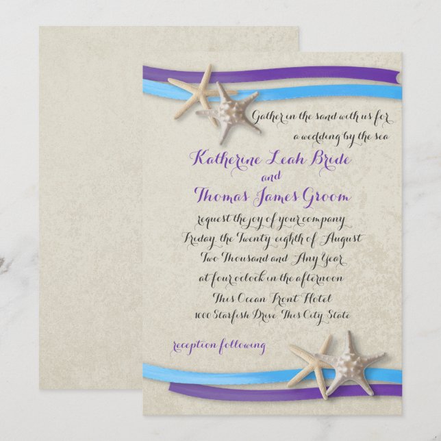 Invitation Mariage de Plage Violet et Bleu Poisson étoile et  (Devant / Derrière)