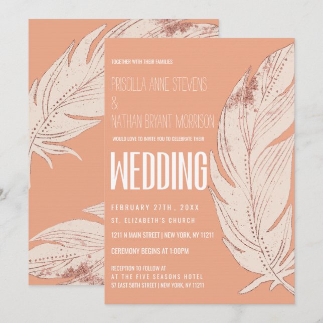 Invitation Mariage de plume de corail doux moderne (Devant / Derrière)