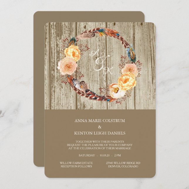 Invitation Mariage de plume de plume de bois rustique (Devant / Derrière)