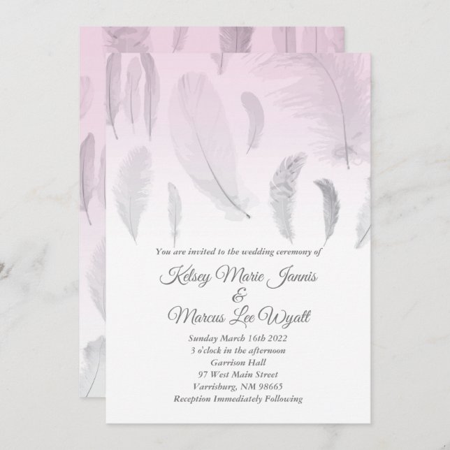 Invitation Mariage de plume rose gris (Devant / Derrière)