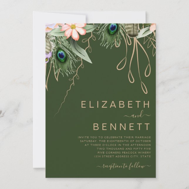 Invitation Mariage de plumes de paon vert foncé (Devant)