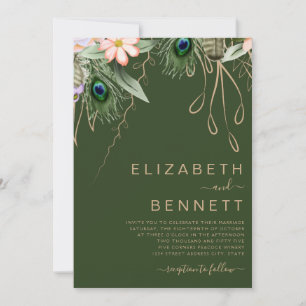 Invitation Mariage de plumes de paon vert foncé
