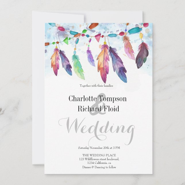 Invitation Mariage de plumes florales de Bohème (Devant)