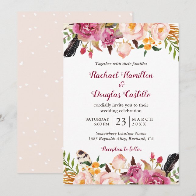 Invitation Mariage de plumes florales de Boho de printemps ro (Devant / Derrière)