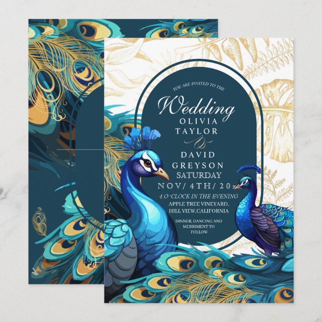 Invitation Mariage de plumes Peacocks Premium (Devant / Derrière)