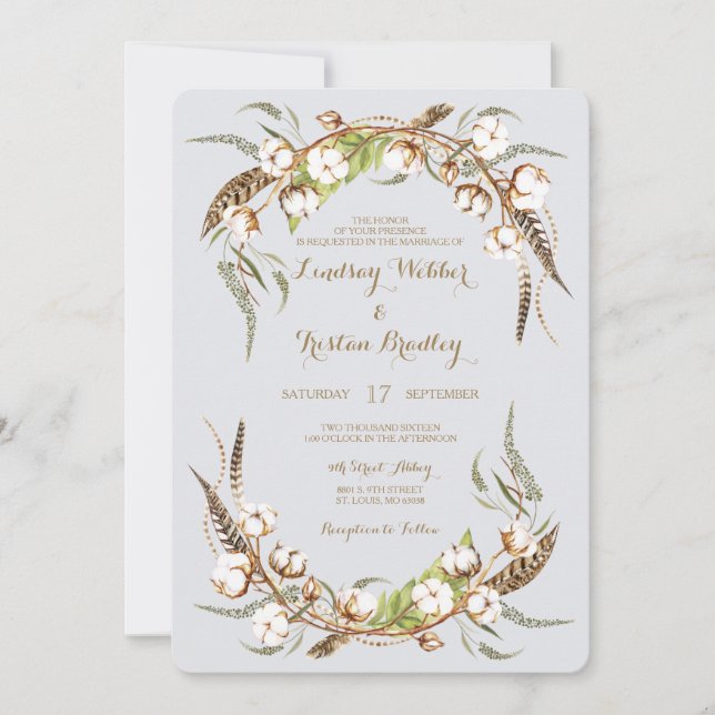 Invitation Mariage de plumes rustiques en coton (Devant)