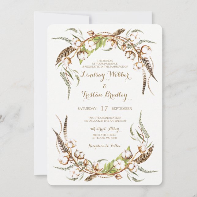 Invitation Mariage de plumes rustiques en coton (Devant)