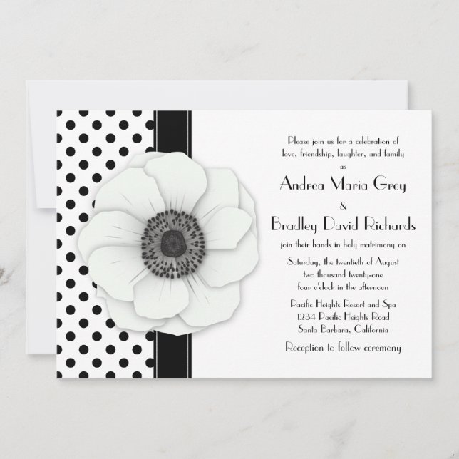 Invitation Mariage de point de Polka noir blanc de fleur d'an (Devant)