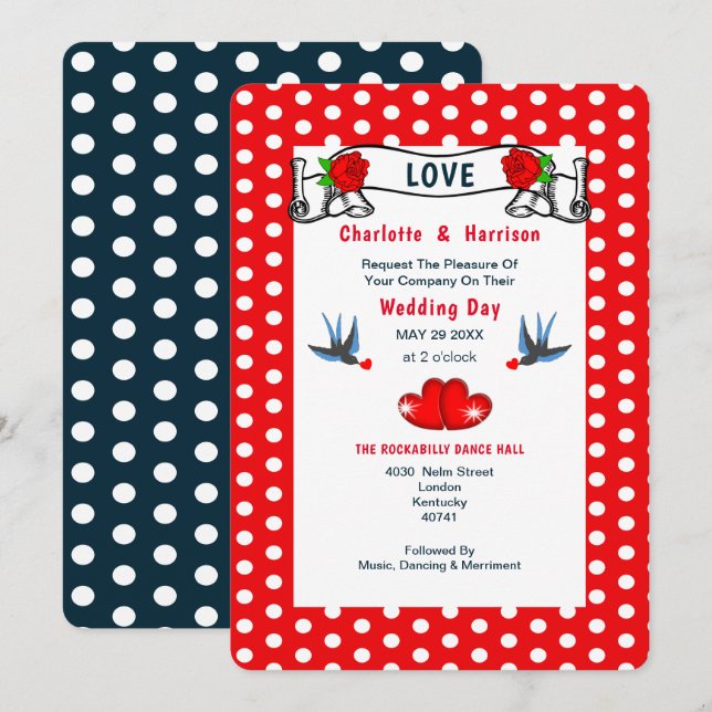 Invitation Mariage de point Rockabilly Retro (Devant / Derrière)