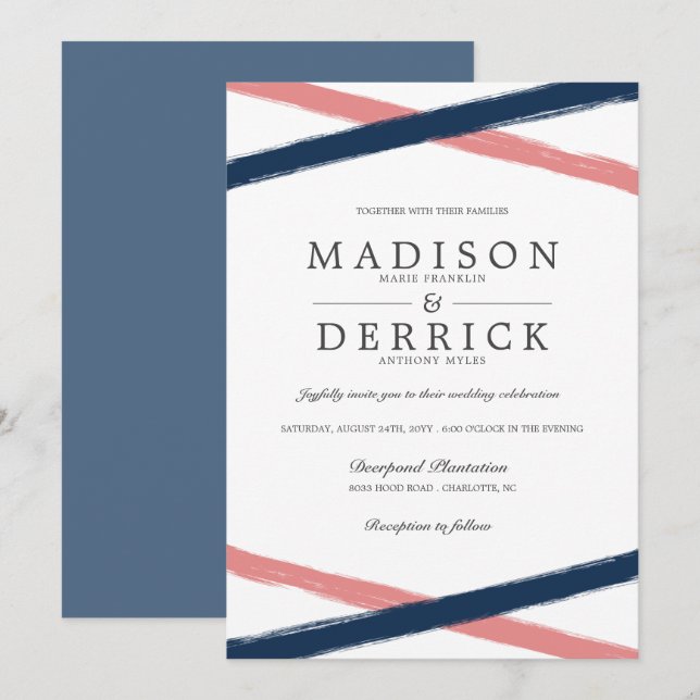 Invitation Mariage de pointes de pinceau moderne | Marine Cor (Devant / Derrière)
