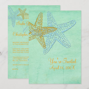 INVITATION MARIAGE DE POISSONS/BLEU/OR/PLAGE