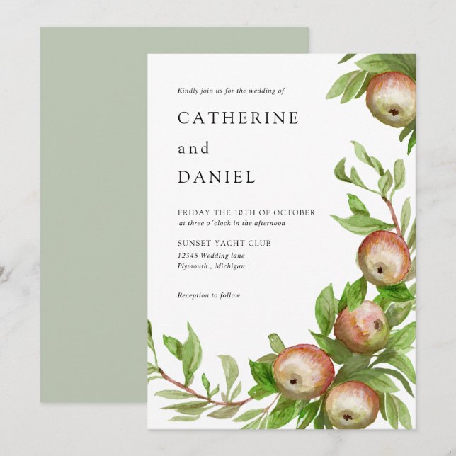 Invitation Mariage de pommes aquarelle (Devant / Derrière)