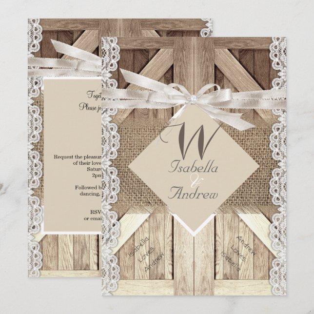 Invitation Mariage de porte rustique Lace Wood Burlap Écritur (Devant / Derrière)