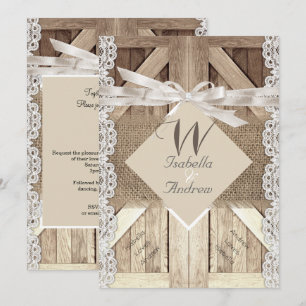 Invitation Mariage de porte rustique Lace Wood Burlap Écritur