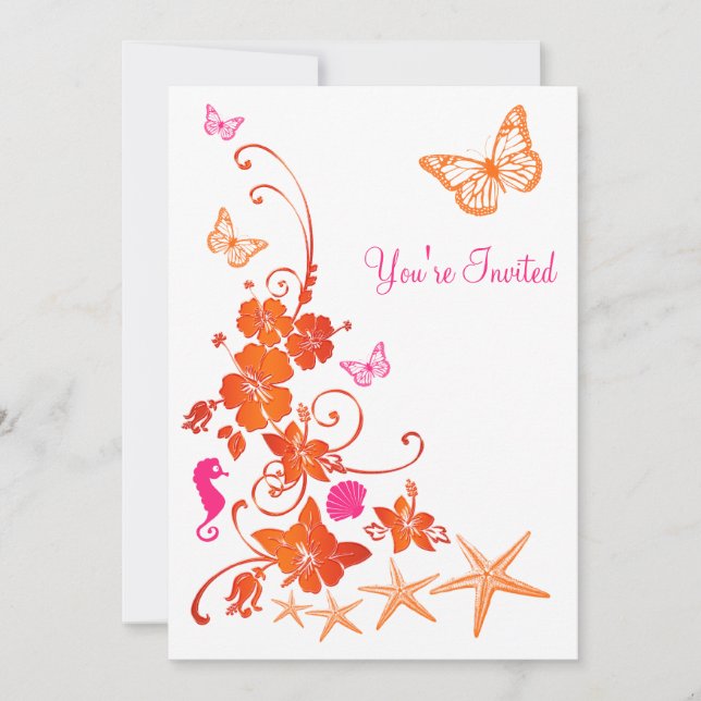 Invitation Mariage de poste de plage rose, orange, blanc trop (Devant)