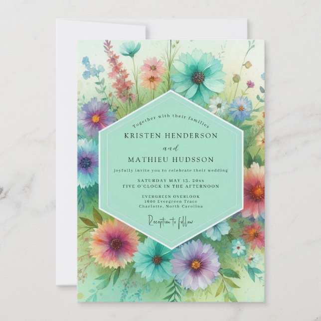 Invitation Mariage de Prairie Florale Sarcelle (Devant)