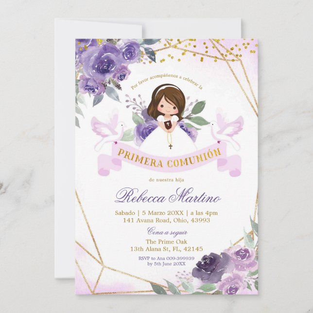 Invitation Mariage de Primera Florale violet et or (Devant)