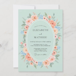 Invitation Mariage de printemps à l'aquarelle Menthe et Pêche