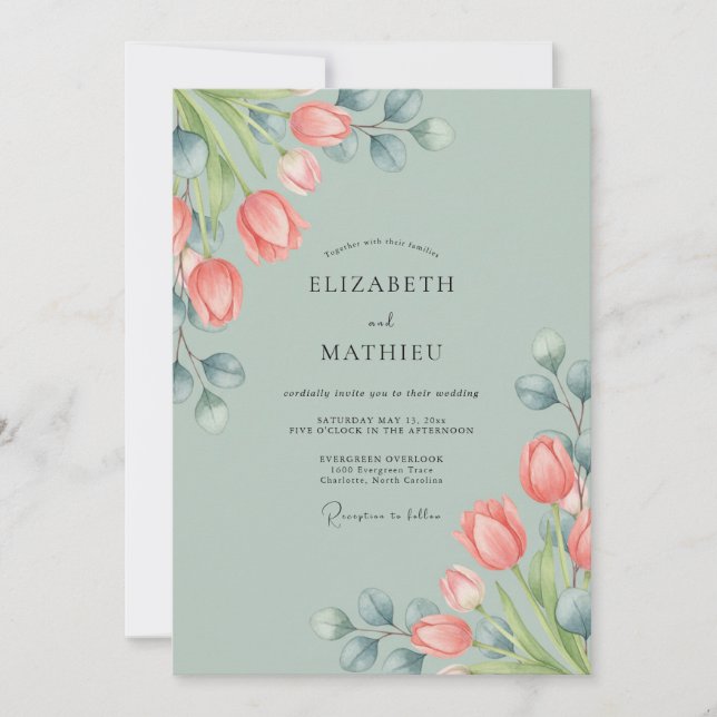 Invitation Mariage de printemps aux tulipes aériennes vert sa (Devant)