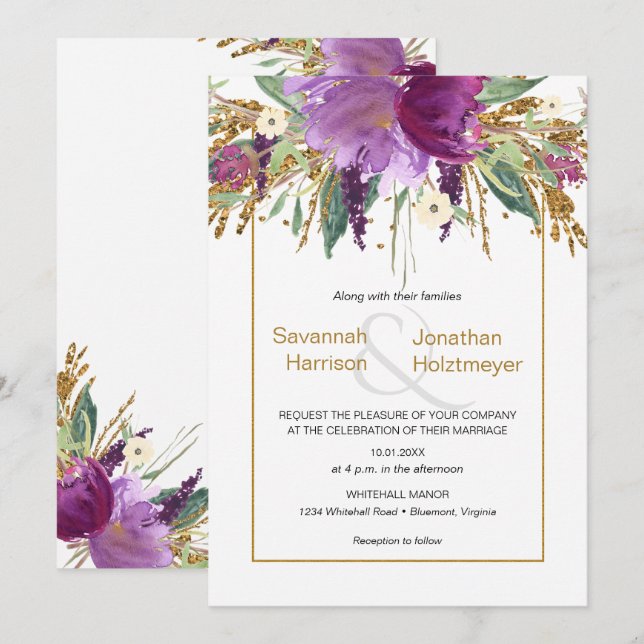 Invitation Mariage de printemps avec améthyste pourpre floral (Devant / Derrière)