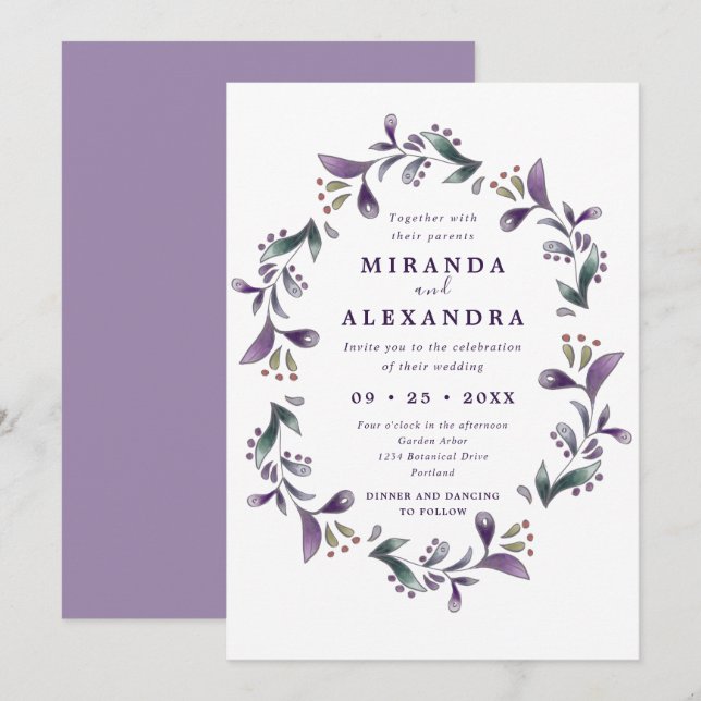 Invitation Mariage de printemps Boho violet et vert fleuri (Devant / Derrière)