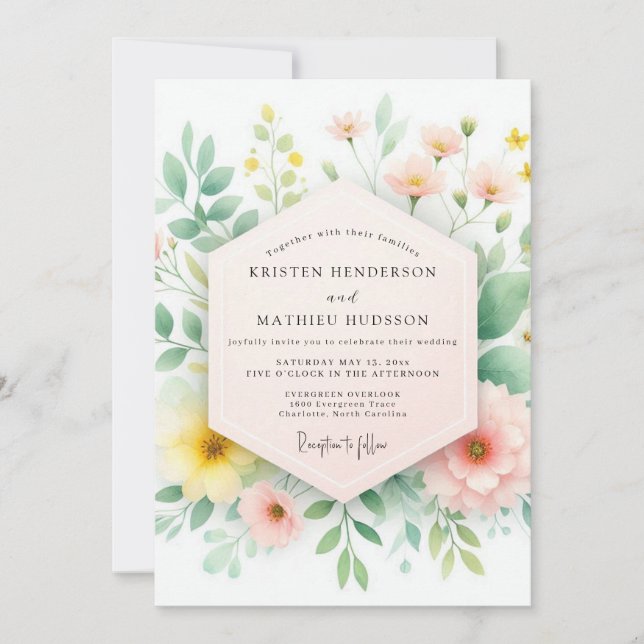 Invitation Mariage de printemps champêtre rose et jaune (Devant)