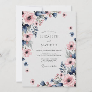 Invitation Mariage de printemps élégant bleu marine rose