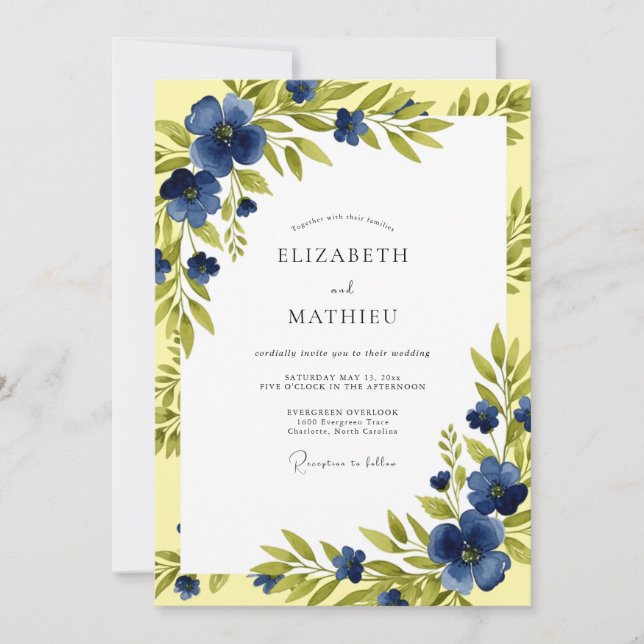 Invitation Mariage de printemps ensoleillé bleu marine (Devant)