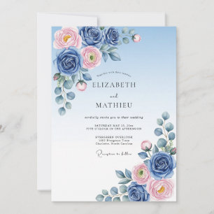 Invitation Mariage de printemps éthéré bleu marine et rose