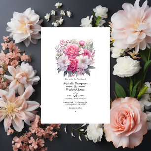 Invitation Mariage de printemps floral argent et rose tendre