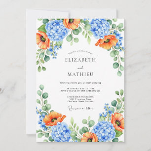 Invitation Mariage de printemps floral bleu orange