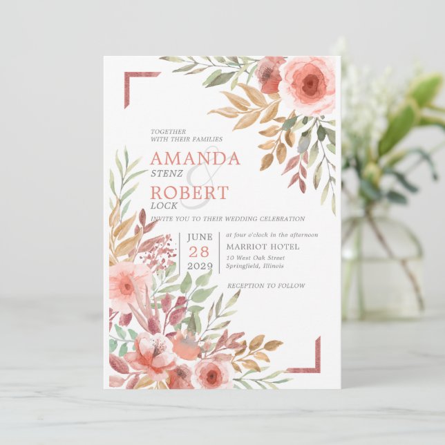 Invitation Mariage de printemps floral rose pêche aquarelle (Debout devant)