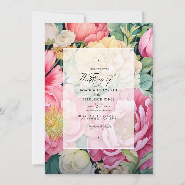 Invitation Mariage de printemps floral rose, vert et or (Devant)