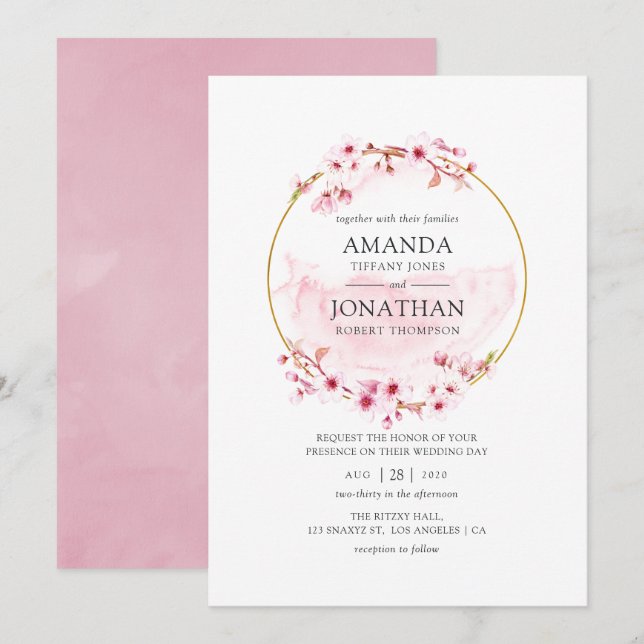 Invitation Mariage de printemps géométrique en fleurs de ceri (Devant / Derrière)