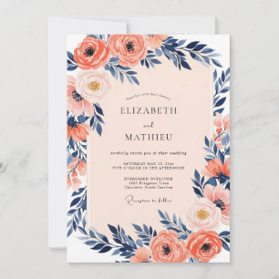 Invitation Mariage de printemps indigo lumineux corail