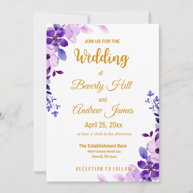 Invitation Mariage de printemps personnalisable violet et or (Devant)
