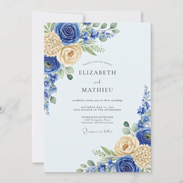 Invitation Mariage de printemps royal bleu florissant (Devant)