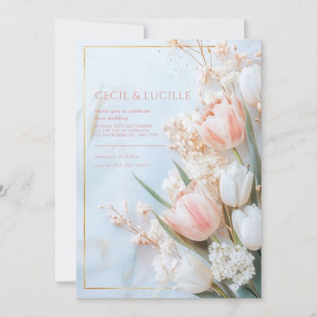 Invitation Mariage de printemps Tulipe Rose Foncé Marbre Doré (Devant)