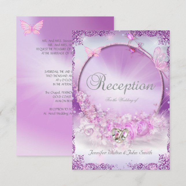 Invitation Mariage de réception Anneaux rose Lilac Papillon (Devant / Derrière)