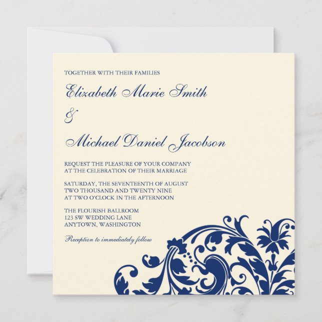 Invitation Mariage de remous de Flourish de bleu marine et (Devant)