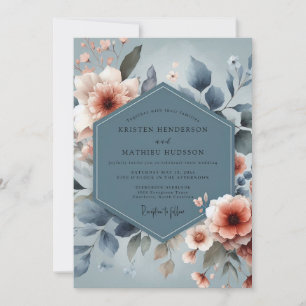 Invitation Mariage de rêve bleu ardoise et pêche