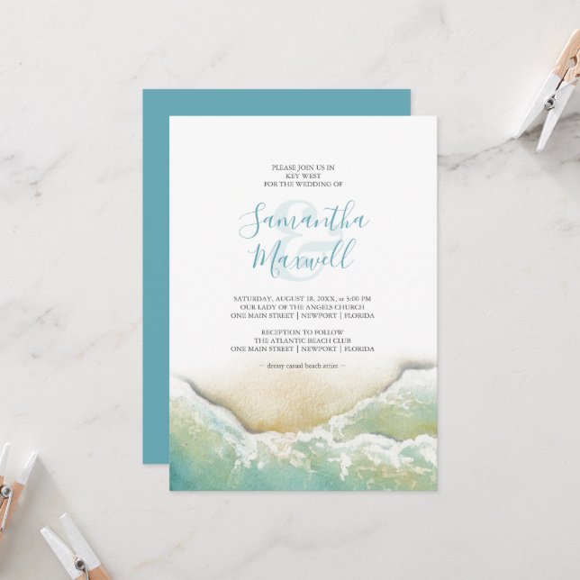 Invitation Mariage de rivage bleu tropical Invitat (Devant/Arrière en situation)