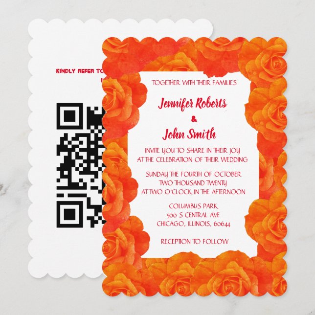Invitation Mariage de Rose de Fleurs de code QR orange brûlée (Devant / Derrière)