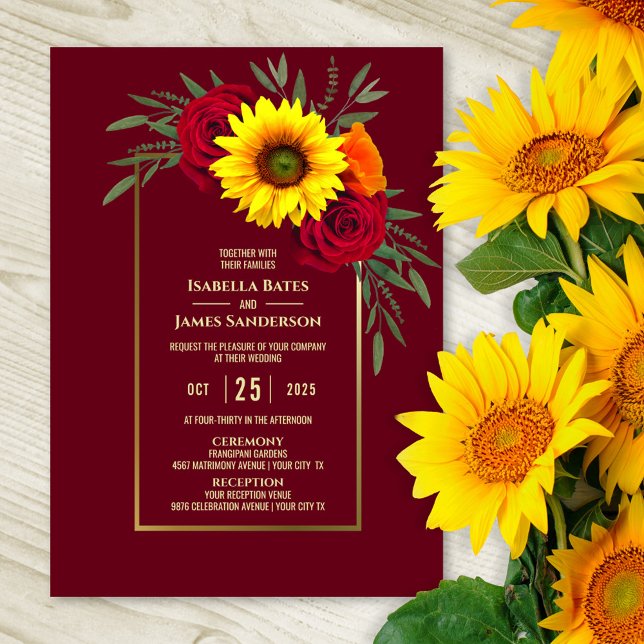 Invitation Mariage de rose rouge de tournesol doré de Bourgog (Créateur téléchargé)