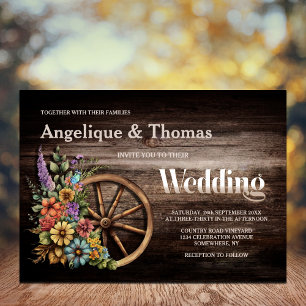 Invitation Mariage de roue en bois rustique Floral
