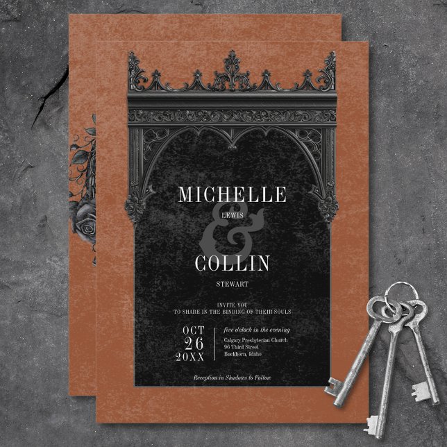Invitation Mariage de rouille Rose noir gothique (Gothic Black Double Arch Black Roses Rust Wedding Invitation)