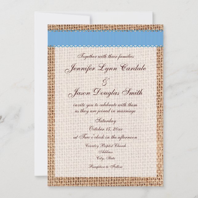 Invitation Mariage de ruban bleu Burlap imprimé par pays rust (Devant)